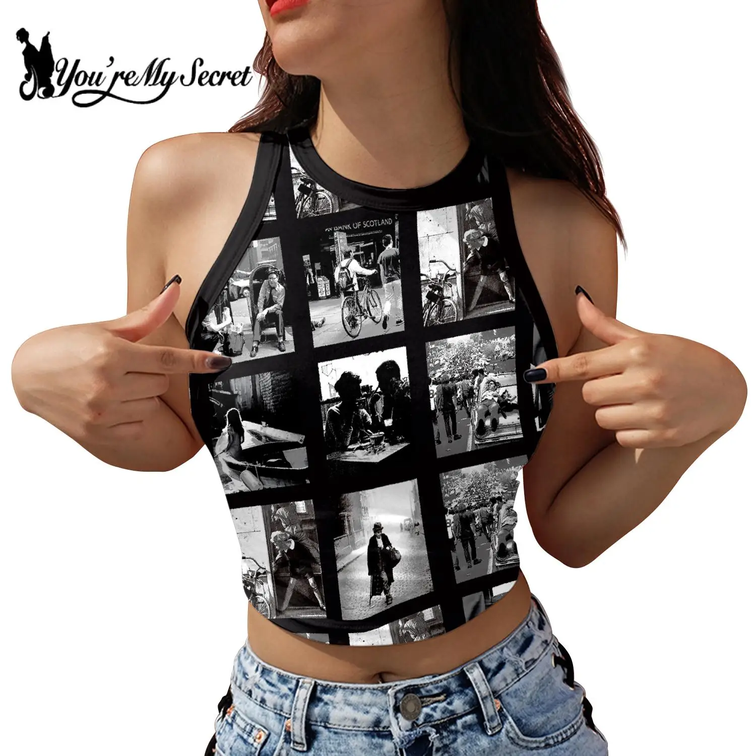 

[You're My Secret] Summer Fashion Women Crop Top Black Sleeveless Tank Tops Streetwear Ouija Gothic Style Print Tights Vest