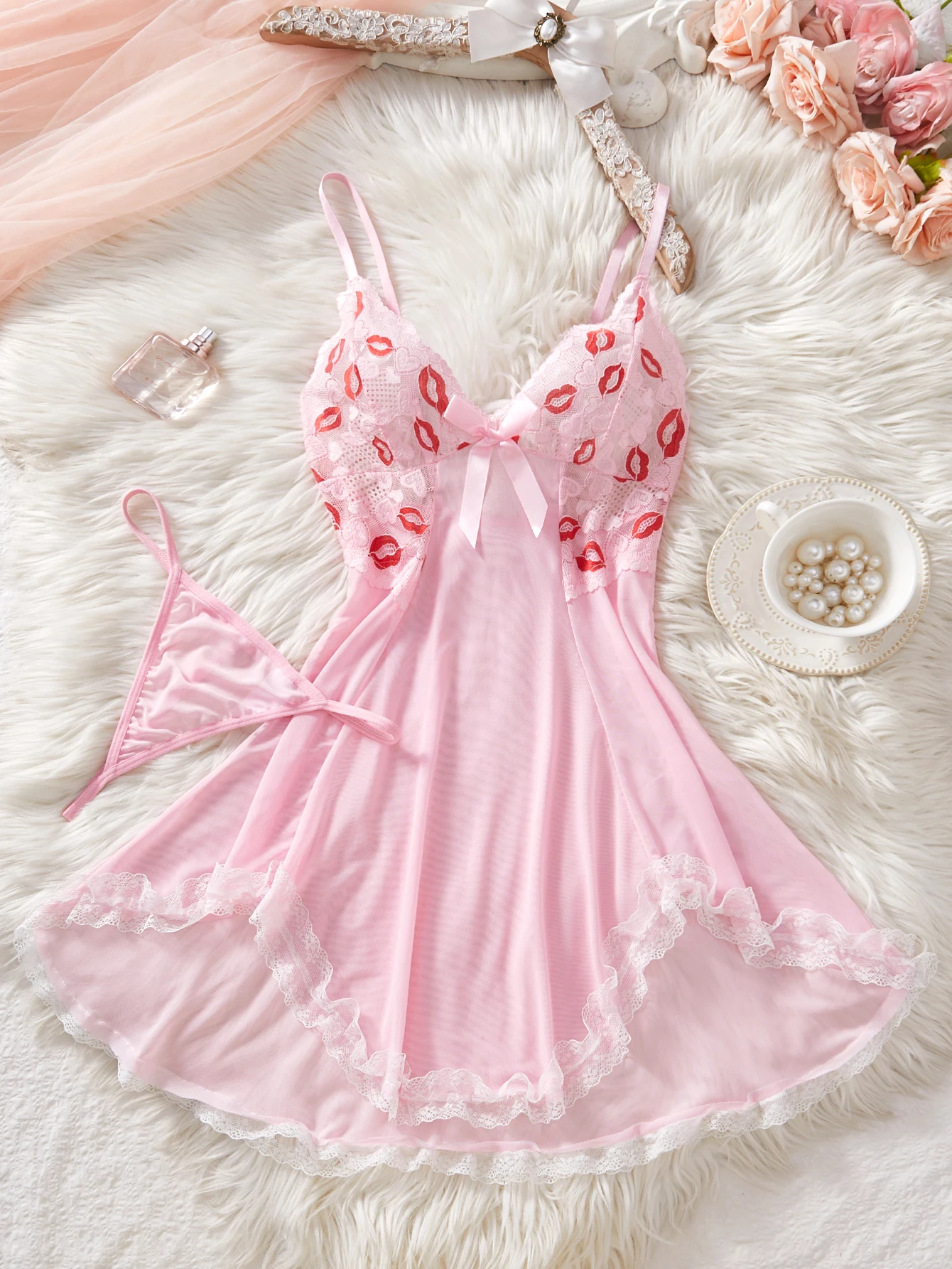Seductive Pink Lace Babydoll Lingerie Set with Thong