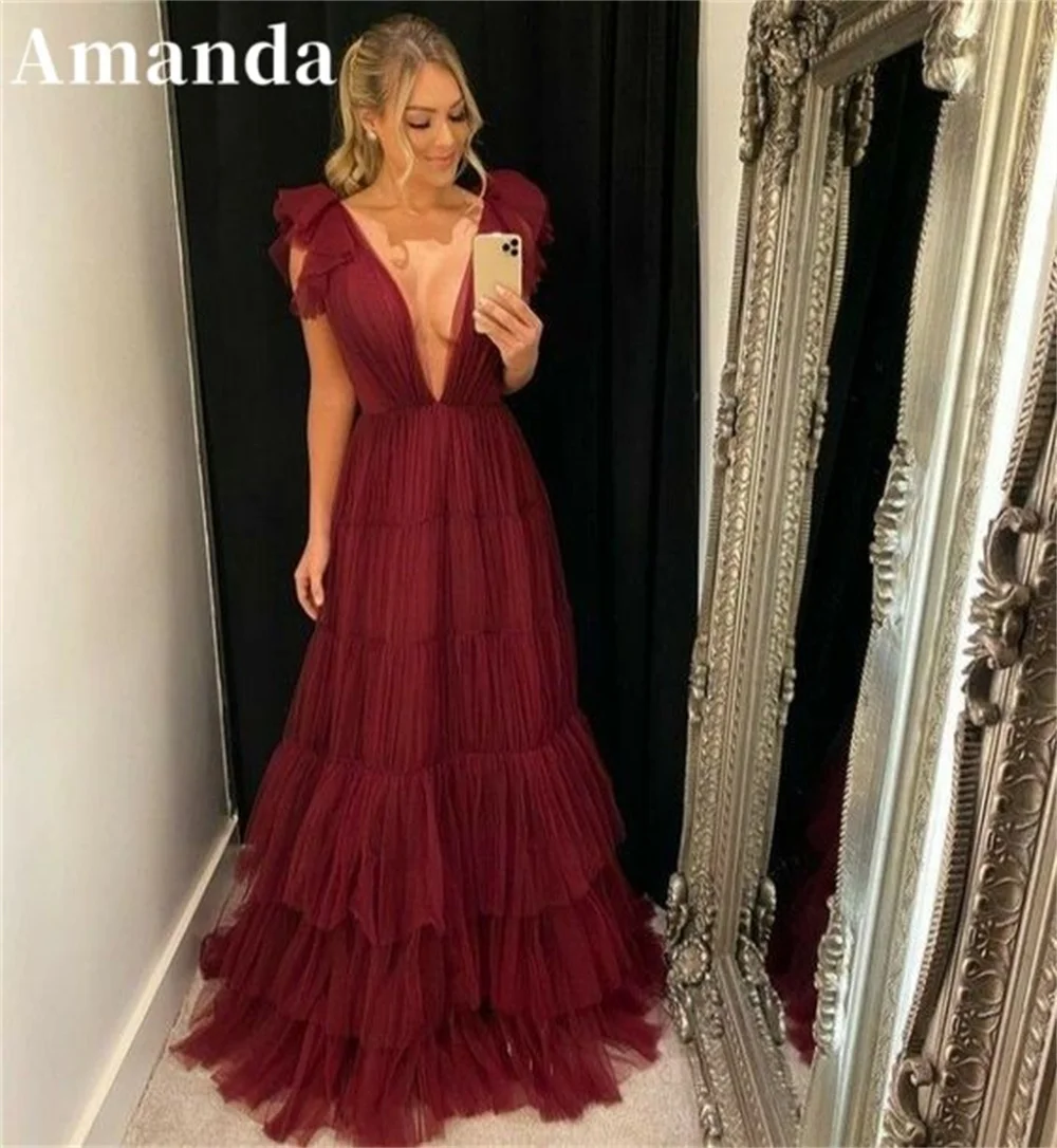 

Amanda Sexy Deep V-neck فساتين مناسبة رسمية Elegant A-line Prom Dress 2023 Burgundy Multilayer Vestidos De Noche Sleeveless