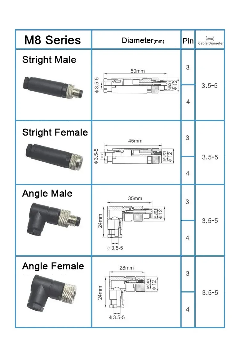 M8 sensor connector waterproof male&female plug straight angle screw threaded coupling 3pin 4pin