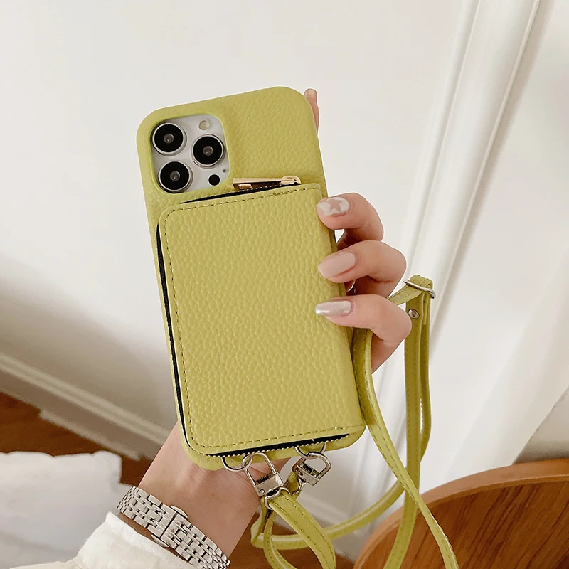 Luxury Zipper Card Slots Wallet Crossbody Strap Case in PU Leather