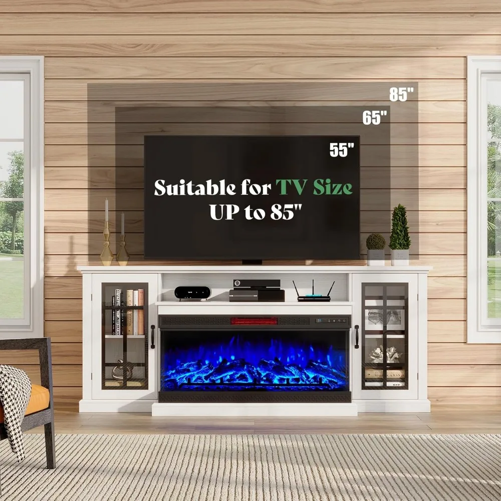 75in 3-Sided Glass Fireplace TV Stand for TVs up to 85", Rustic Media Entertainment Center Console Table 5
