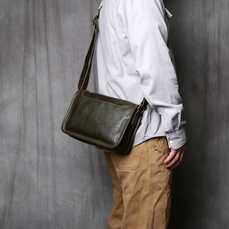 NZPJ Vintage Genuine Leather Men's Shoulder Bag Natural Cowhide Crossbody Bag Casual Men's Backpack  For 11 Inch IPad