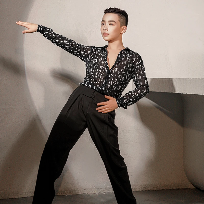 

Chiffon Leopard Print Shirts Children'S Latin Dance Costumes For Boys Rumba Tango Dress Men Latin Dance Practice Clothes DQS9527