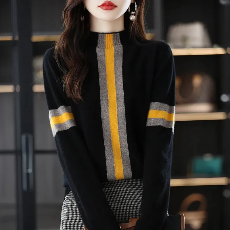 

Half Turtleneck Striped Sweater Women's Autumn Winter New Contrast Color Pullover Loose Knitted Top Fashion Female Clothing 560