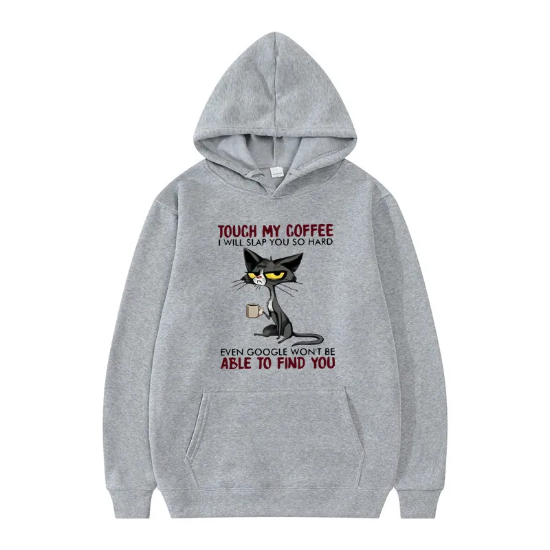 Disdainful Cat Protection Coffee Animation Print Youth Hooded Sports Top Fleece Pullover Casual Jogging Fitness Sweatshirt