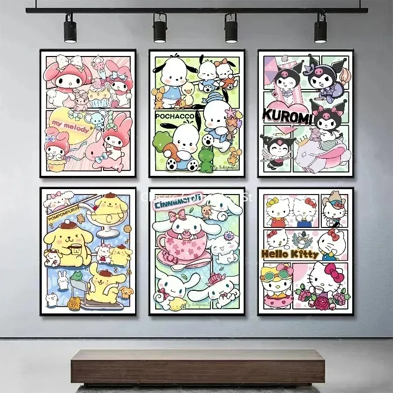 

Постер MINISO Sanrio с изображением Hello Kitty Kuromi, мультяшная картина маслом, печать, художественное украшение для детской комнаты, подарок на день рождения