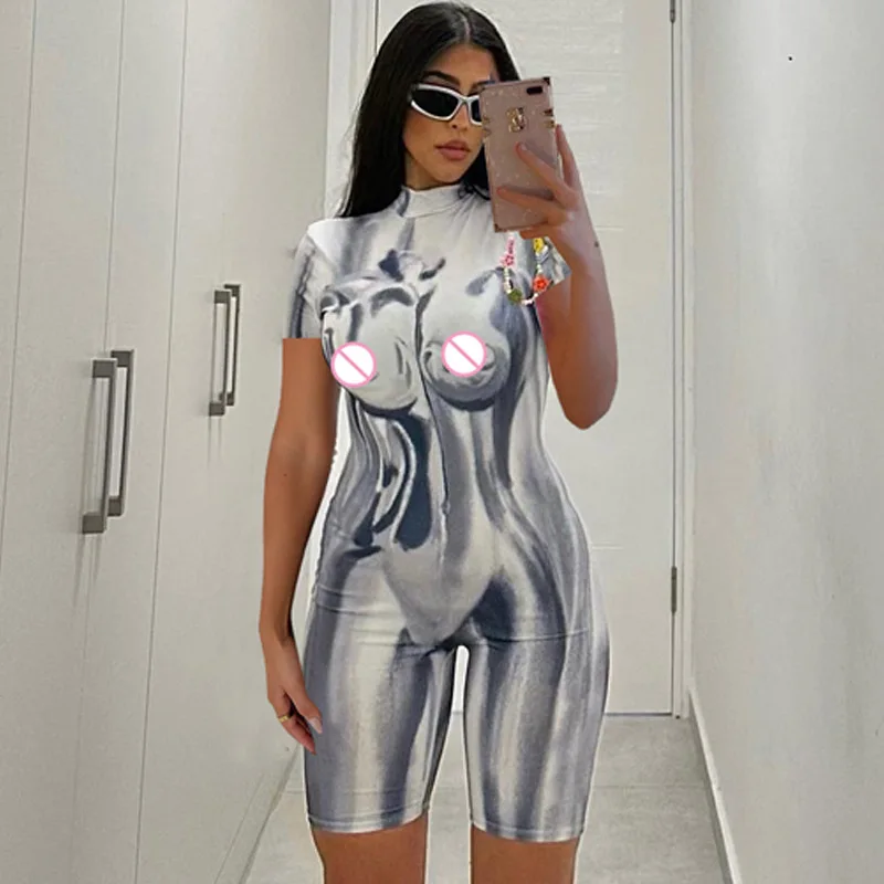 Y2K Printed Short Jumpsuit O Neck Short Sleeve Bodycon Playsuits Streetwear INS 3D One Piece Summer Women Clothes Rompers