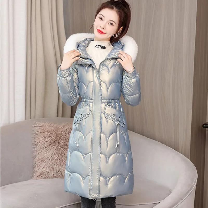 

2023 New Women Down Cotton Coat Winter Jacket Female Mid Length Version Parkas Thick Warm Outwear Hooded Fur Collar Overcoat