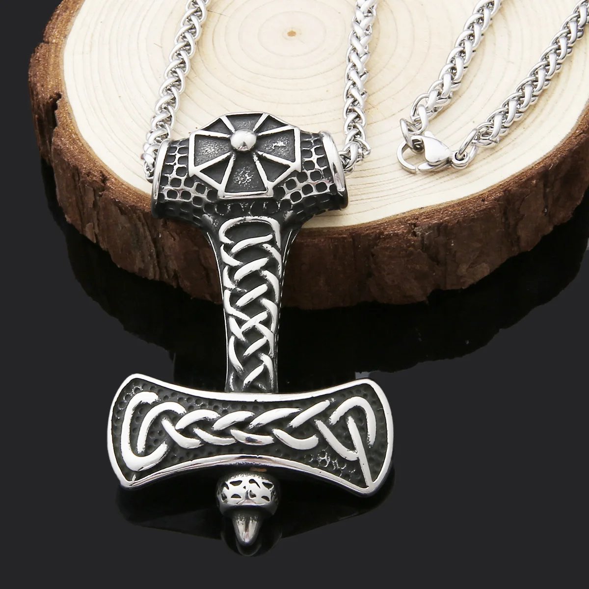 

Stainless Steel Thor's Hammer Necklace Viking Braid Pattern Pendant Necklace