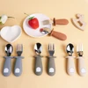 Baby Feeding Solid Food Spoon Fork Set BPA Free Silicone Handle Cartoon Bear Stainless Utensil Children's Tableware 1