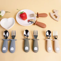 Baby Feeding Solid Food Spoon Fork Set BPA Free Silicone Handle Cartoon Bear Stainless Utensil Children's Tableware 1