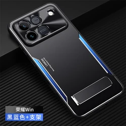 Light Luxury Business Aluminum Alloy TPU Frame Case with Metal Lens Protection - Shockproof for Honor Win (Bracket  blue)