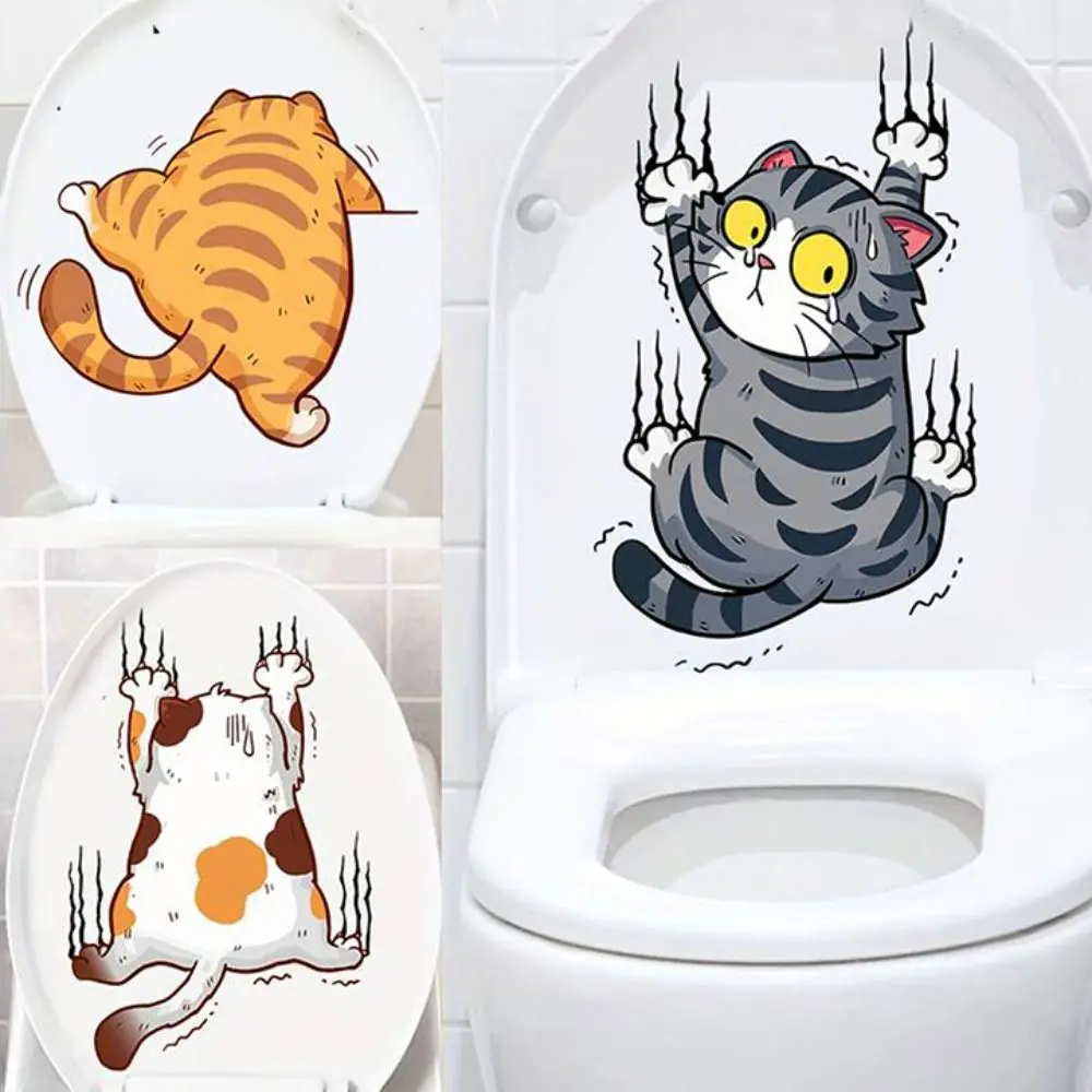 Wall Stickers 3 PCS/SET Cute Cat Wall Sticker Toilet Decor Bathroom Mural Room Background Home Decoration Self-adhesive Cupboard Decals