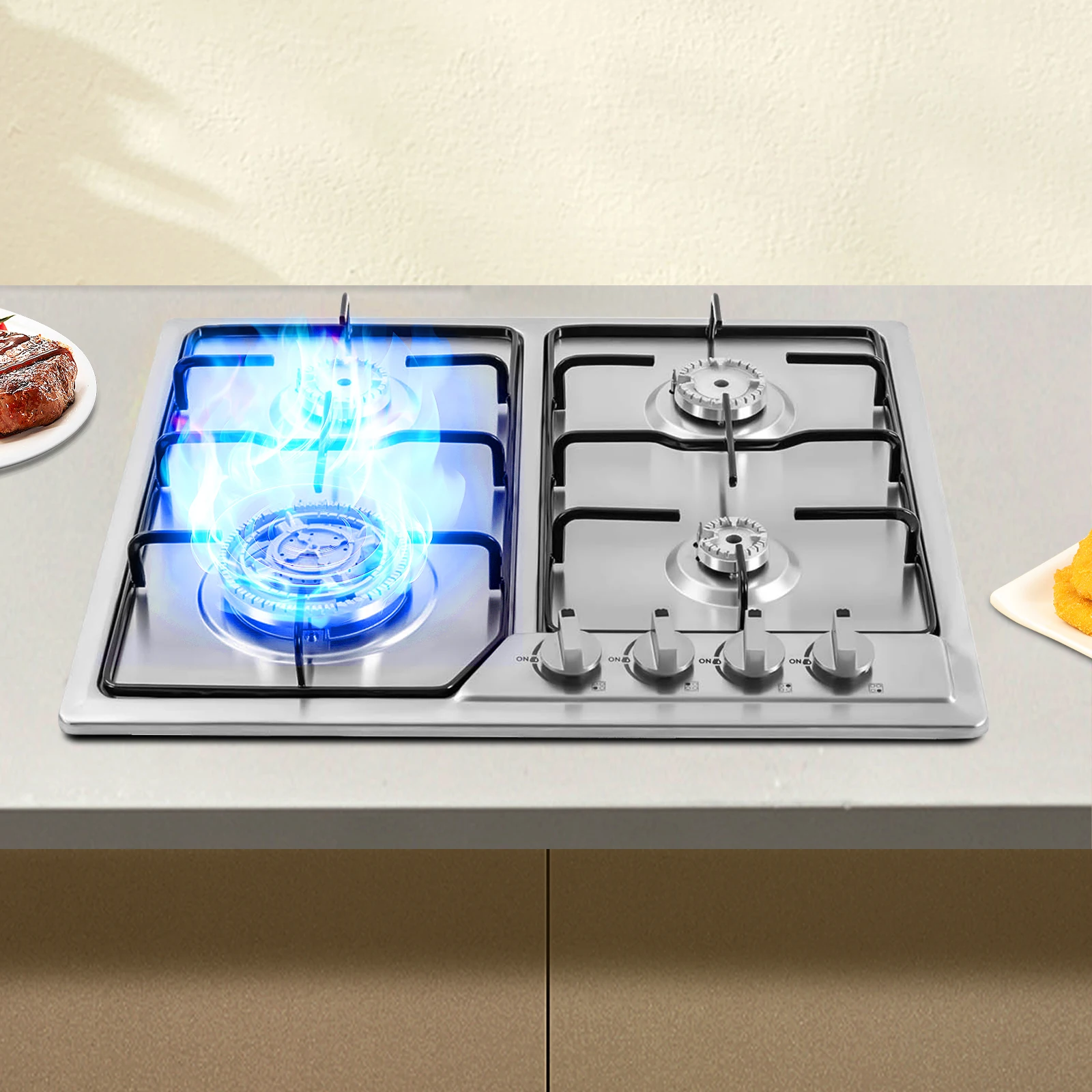 4 Burners Gas Stove Built-in Stainless Steel Cooktop with Safety Auto Shut-off Gas Cooker for Home Restaurant