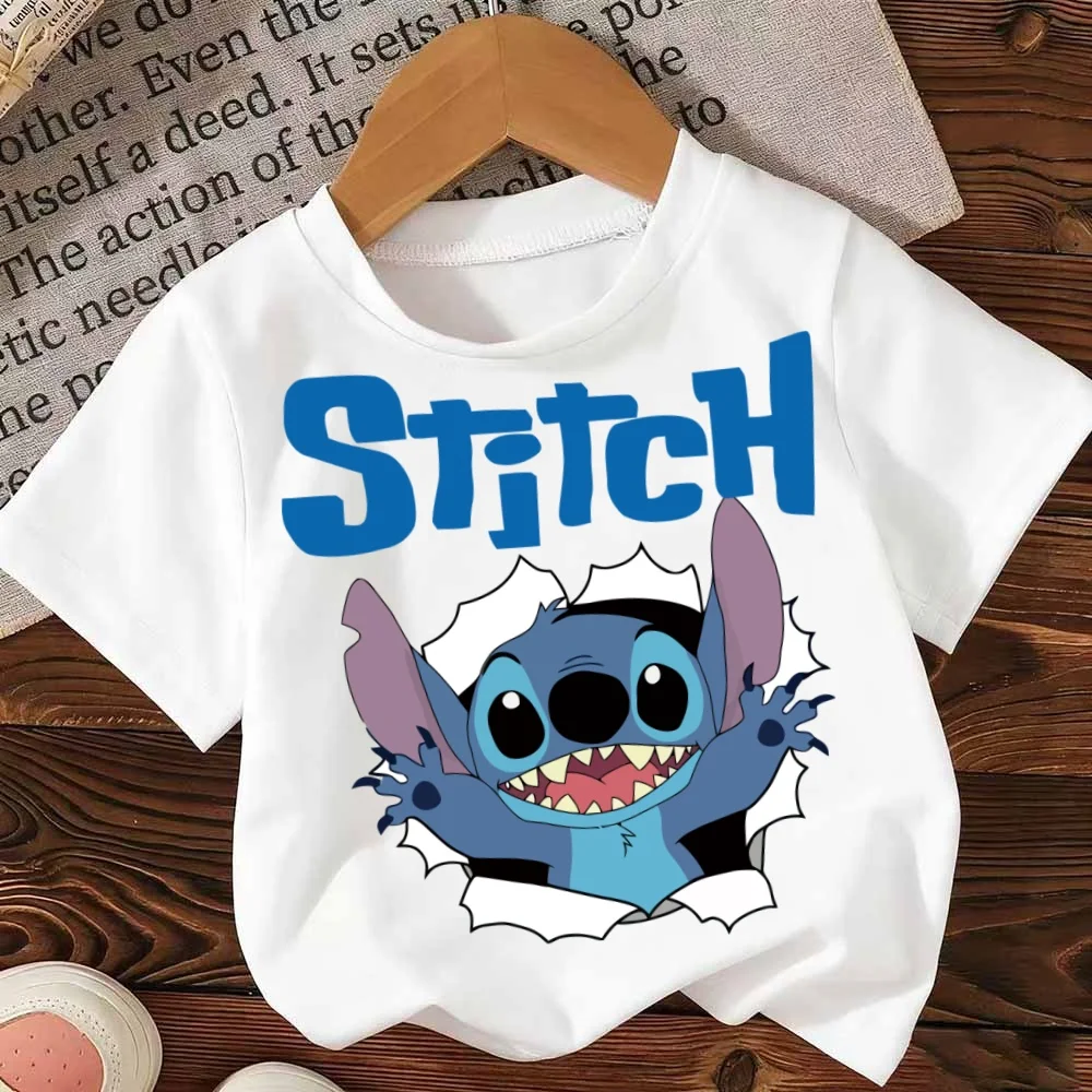 חולצת כותנה לילדים עם הדפס של דיסני סטיץ' בסגנון קרטון חדש לקיץ, עם שרוולים קצרים, מתאימה לבנים ובנות, בגדים קז'ואליים