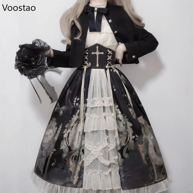 Lolita Dress Victorian Vintage Gothic Women Elegant Chic Lace Mesh Bow Shirts Butterfly Print Skirt Suit Sweet Princess Set