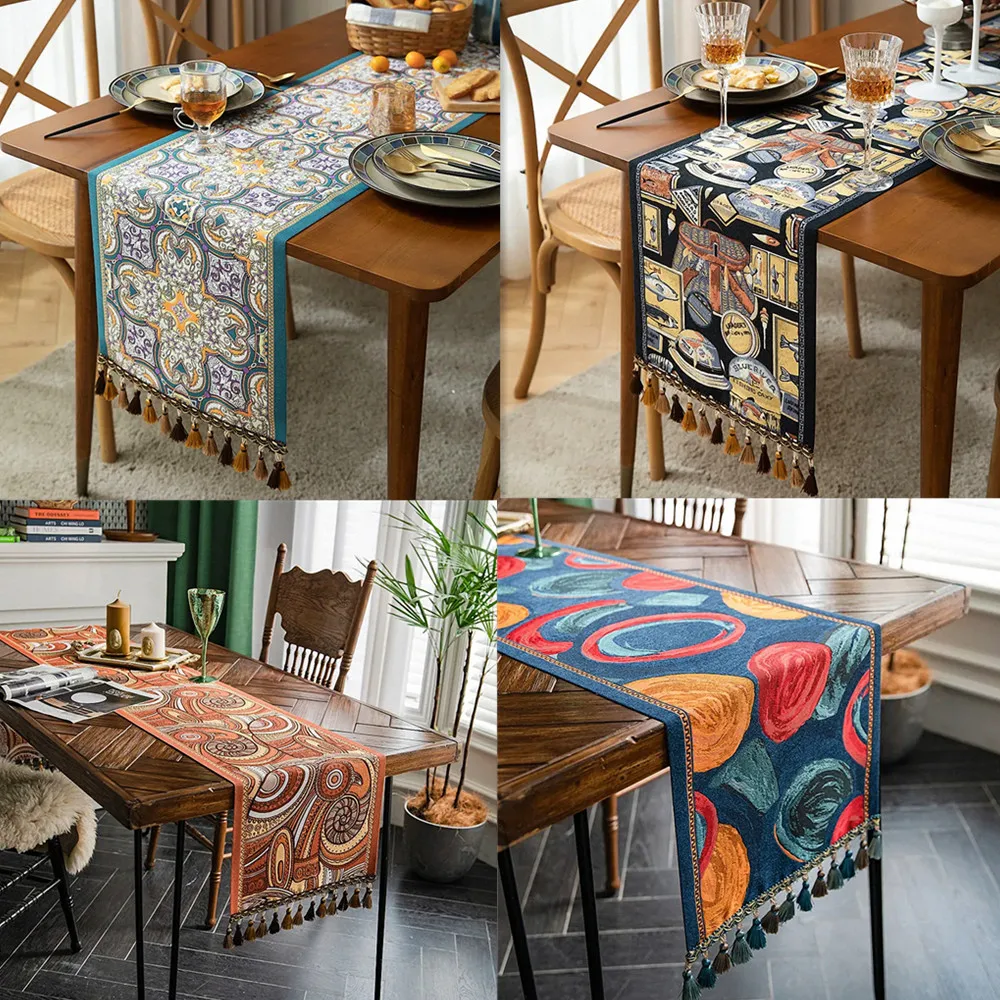 

Modern Luxury Thicken Table Runner Abstract Geometric Pattern Tablecloth Tassel Table Cover Vintage Home Soft Decor Art Cloth