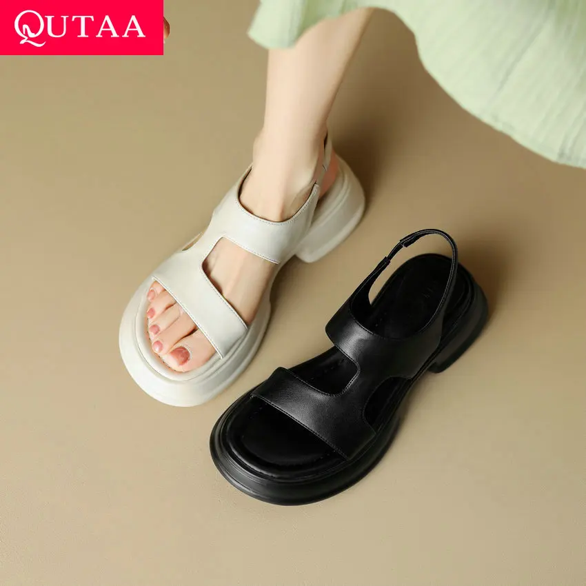 

QUTAA 2023 Summer Women Sandals Ankle Strap Genuine Leather Round Toe Casual Office Lady Thick Med Heels Shoes Woman Size 34-40