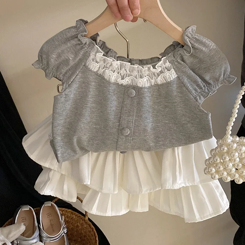 

Girls T-shirt 2024 New Summer Lace Spliced Knitting Sweet Pleats Cake Skirt Casual Simple Fashion Loose Sweet Korean Active