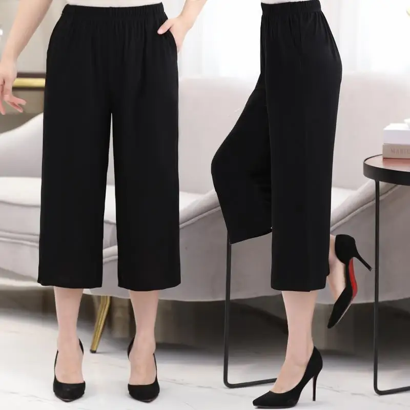 2024 New Summer Loose Casual Simple Elastic Waist Pocket Straight Tube Solid Color Versatile Cropped Wide Leg Pants for Women