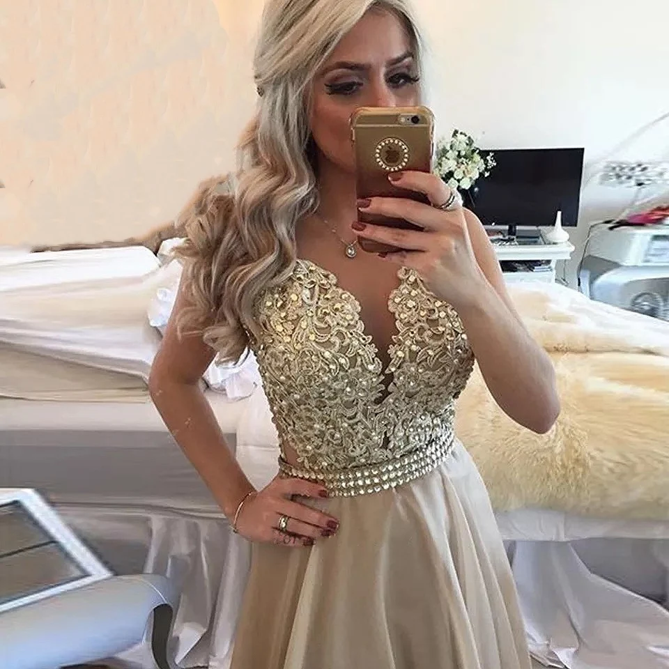 Champagne Beaded Lace Applique Prom Dress V-Neck Sexy Backless Special Occasion Gown Floor Long Summer Elegance Chiffon women party dresses