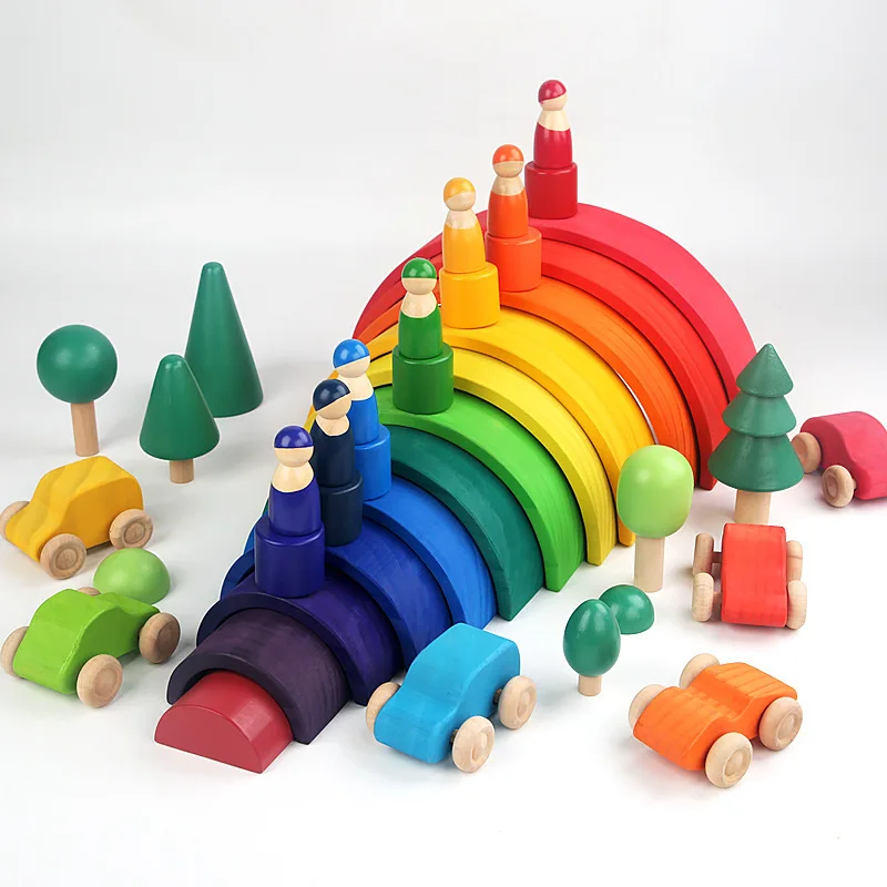 Colorful Wooden Rainbow Stacking Blocks - Montessori-Inspired Educational Toy