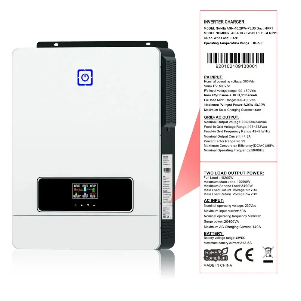 PYROSOLAR MPPT 하이브리드 태양광 인버터, 내장 MPPT 태양광 충전 컨트롤러, 듀얼 PV 입력 태양광 인버터, 48V, 160A, 230VAC, 10.2KW