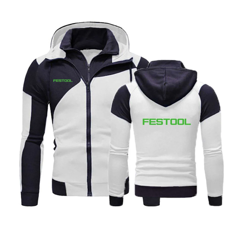 Festool 2023 New Spring and Autumn Men Fashion Harajuku Color Matching Hoodies Casual Hooded Diagonal Zipper Design