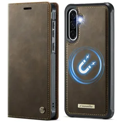 Premium PU Leather Flip Card Holder Stand - Shockproof Magnetic Detachable Phone Case - Galaxy A55 5G (Light brown)