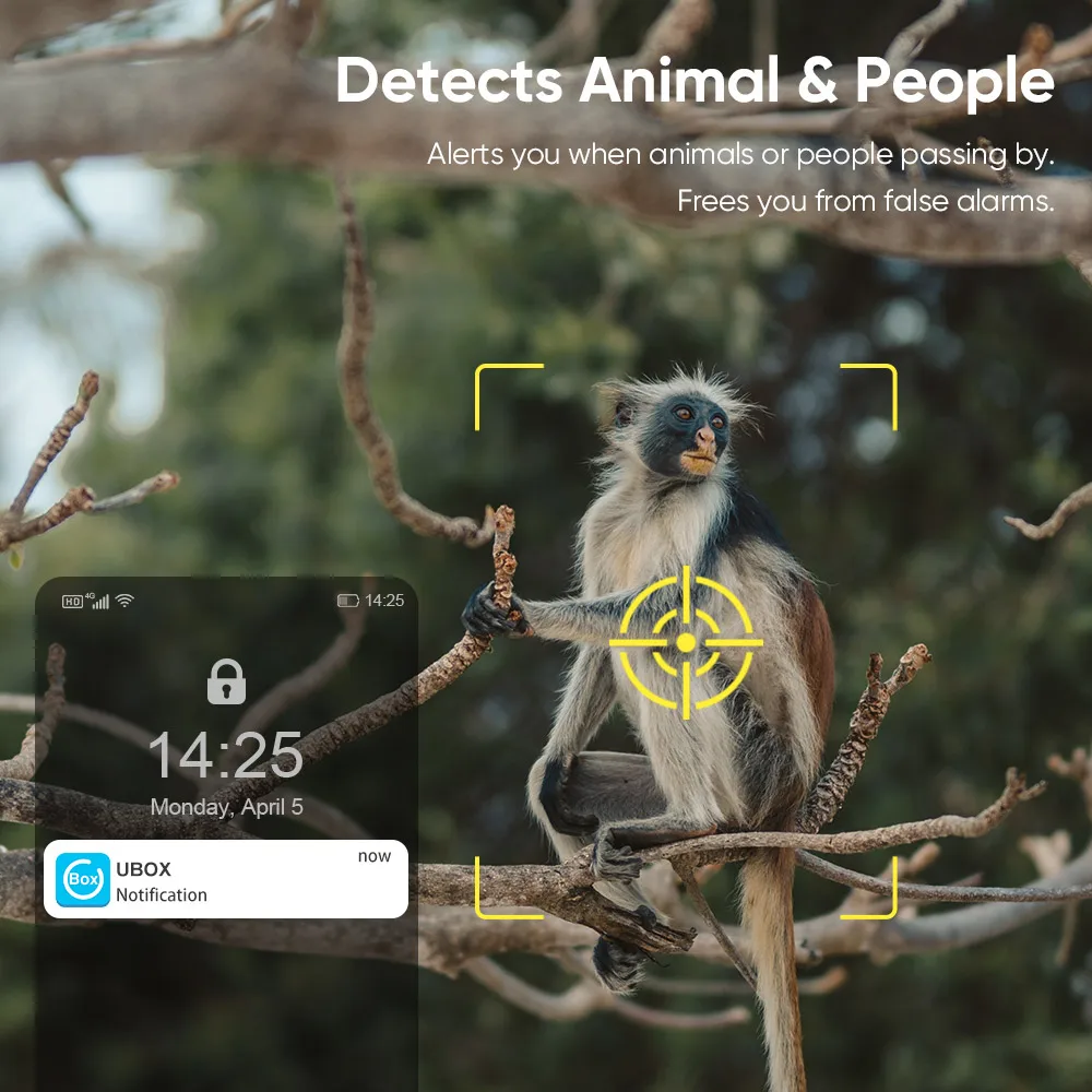 Ubox 4G SIM Solar Security Camera Outdoor Surveillance Camera Cellular Trail Camera 2K Color Night Vision Human/Animal Detection