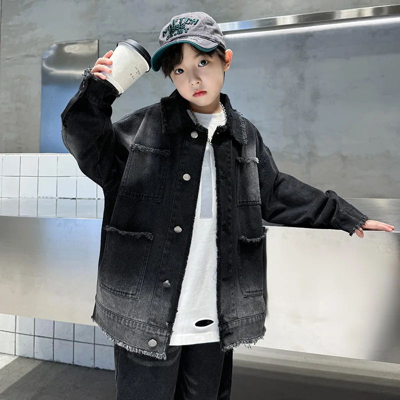 봄 가을 어린이 겉옷 한국식 루즈 스타일 어린이 빈티지 그라데이션 블루 블랙 데님 재킷 십대 소년 멋진 청바지 코트