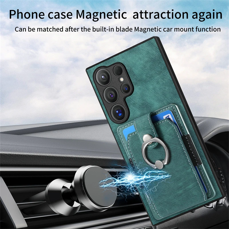Luxury Leather Magnetic Wallet Case with Ring Stand and Card Slots