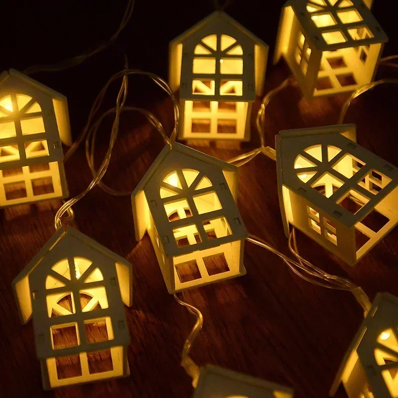 2M 10LED Christmas Wooden House LED Fairy Light String Home Hanging Garland Xmas Tree Ornaments Decoration Lamp 2025 New Year