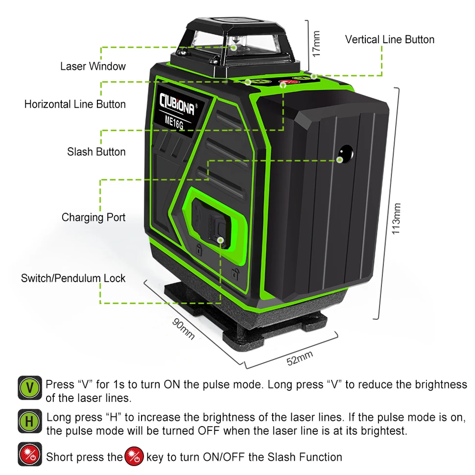 Clubiona 4D 16 Lines Laser Level 1PCS battery  with receiver Remote Pulse Mode Super Powerful Green Beams Professional level