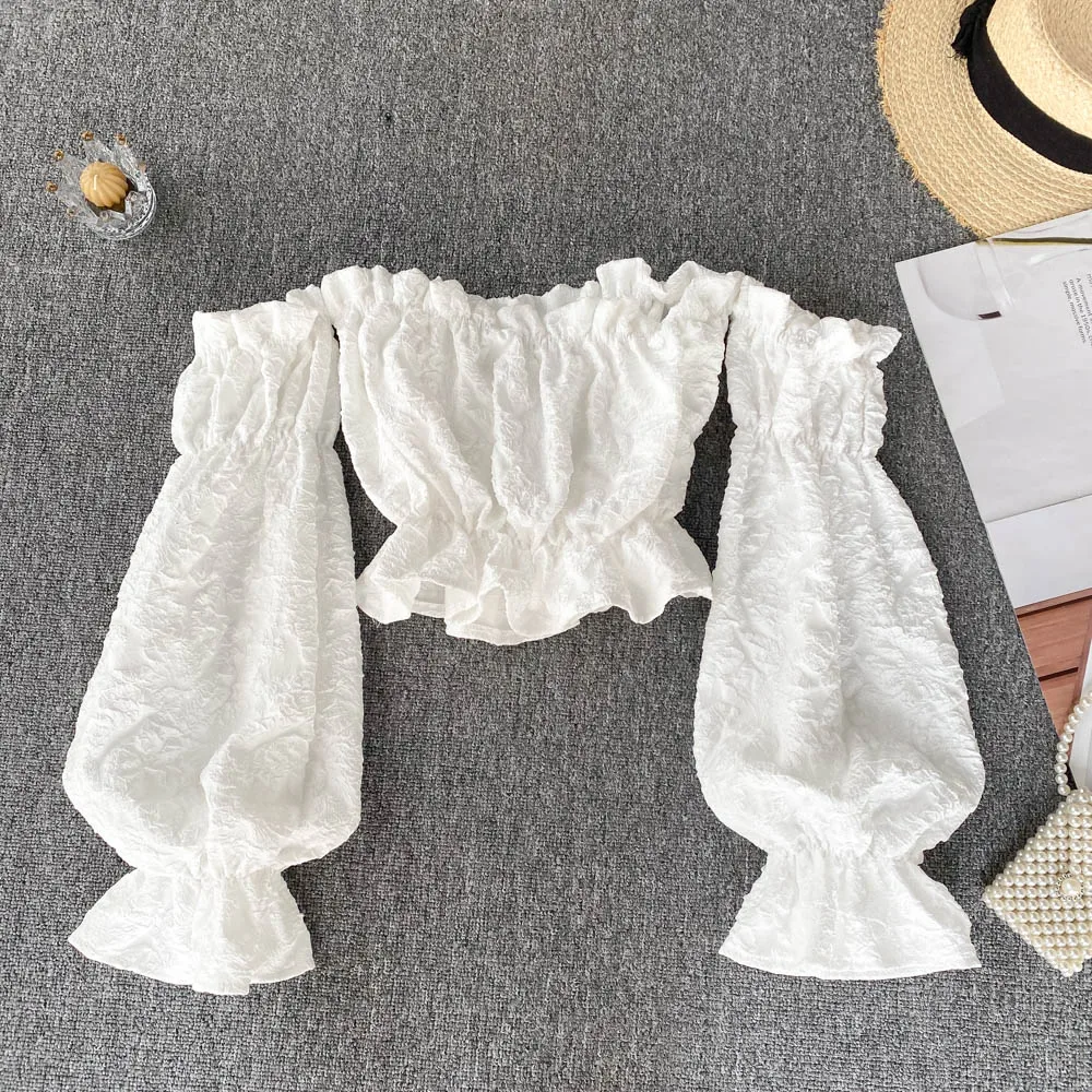 

Винтажная Элегантная блузка с длинным рукавом-фонариком, модная рубашка с воротником-лодочкой, повседневный шикарный укороченный топ, сказочный летний женский