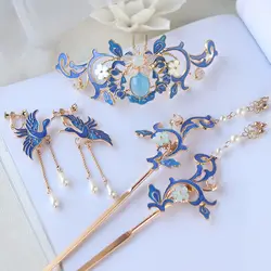 Chinese Hanfu Hair Crown Antique Blue Flower Beads Tassel Hair Accessories Headdress