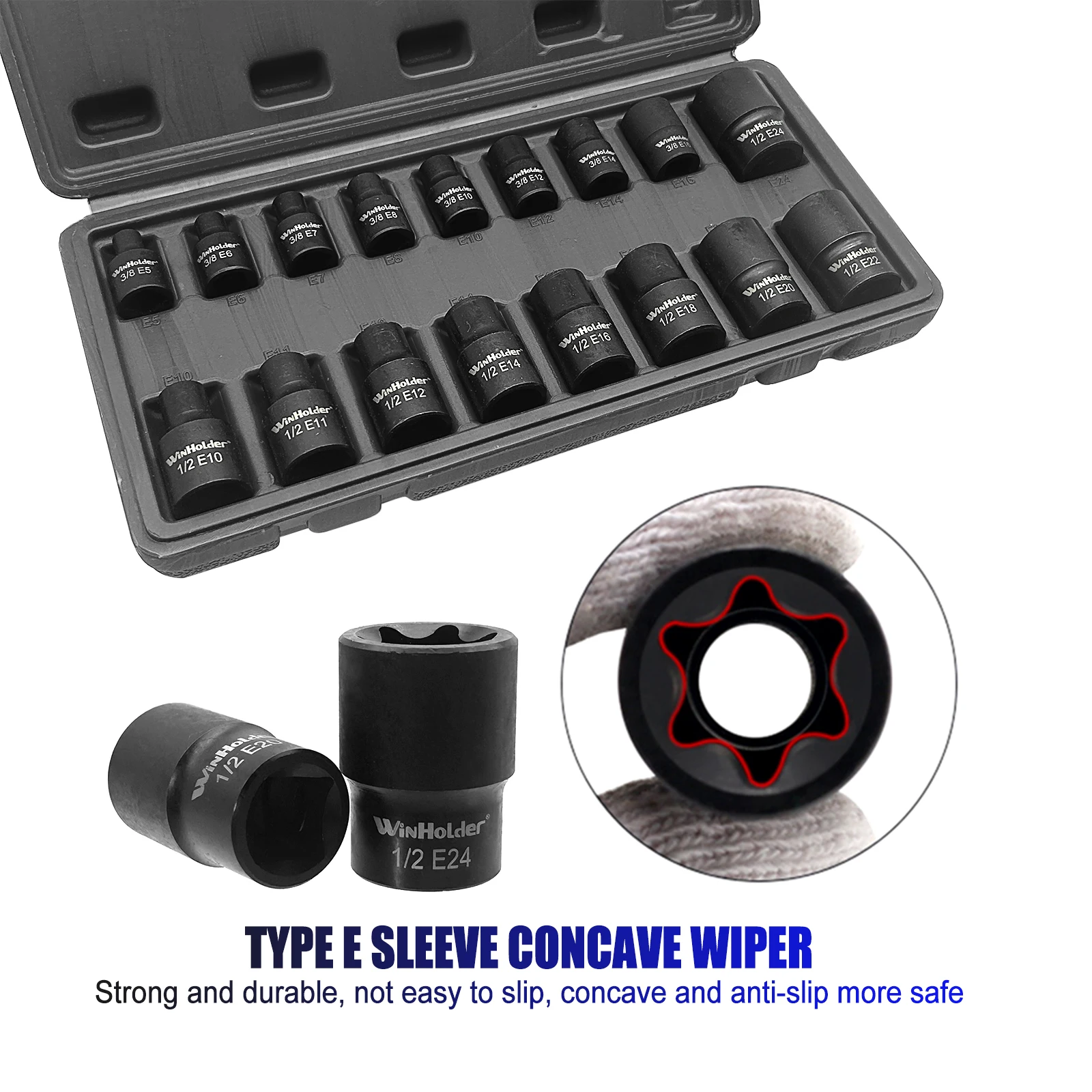17pc 3/8" & 1/2" Torx Star Socket Set E Type Impact Socket E5 E6 E7 E8 E10 E11 E12 E14 E16 E18 E20 E22 E24 Car Repair Tools