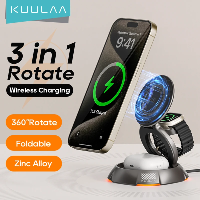 KUULAA 3 in 1 Wireless Charging Stand for iPhone Foldable Magnetic Travel Wireless Charger for AirPods/Watch