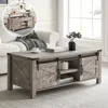48" Farmhouse Lift Top Coffee Table with Sliding Barn Door, Rustic Center Table w/Hidden Storage Compartment, Lift Tabletop Din 1