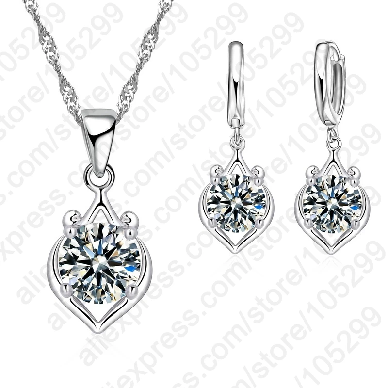 Elegant Women Wedding Jewelry Set 925 Sterling Silver Color Color Cubic Zircon Pendant Necklace/Earring Sets