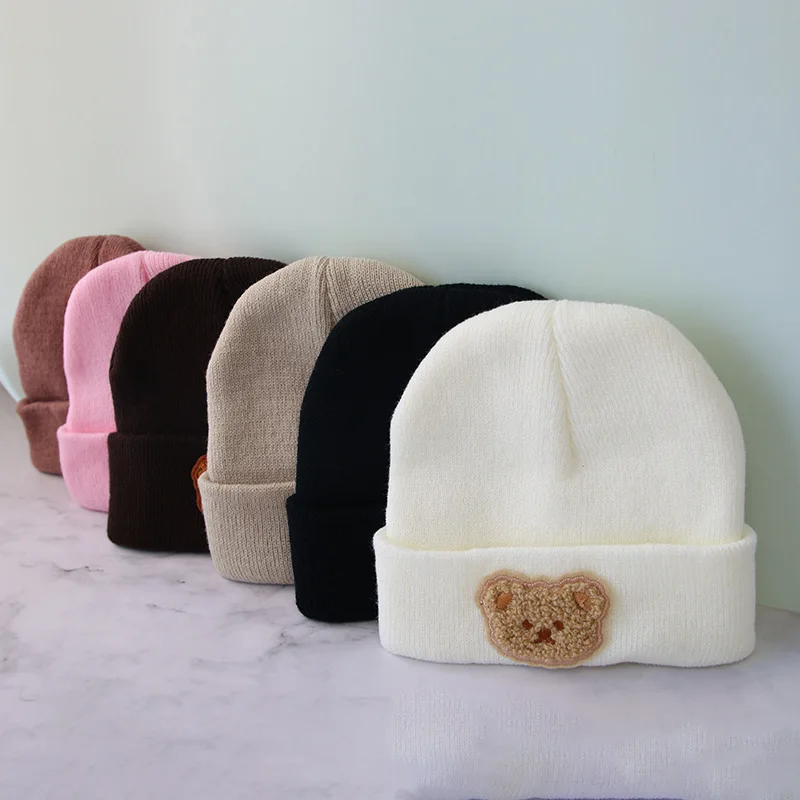 Korean Baby Autumn Winter Hat Cute Bear Knitted Warm Newborn Cap Infant Beanie Solid Color Baby Girl Boy Soft Crochet Hats 2