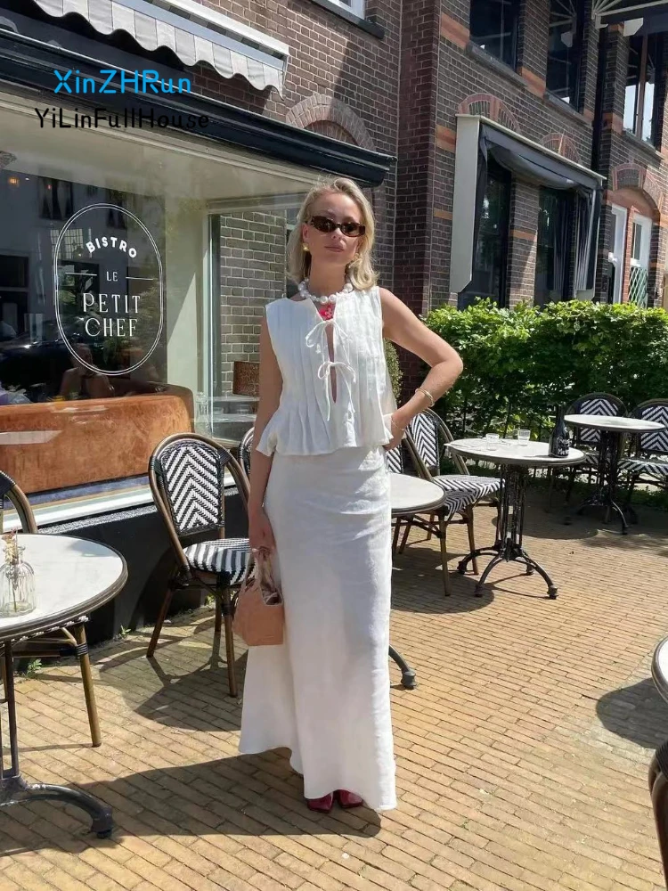 Summer  Women's Fashionable Draped Pleated Lace Up Sleeveless Cardigan Top High Waist Solid Color Cotton Hemp Casual Skirt Set