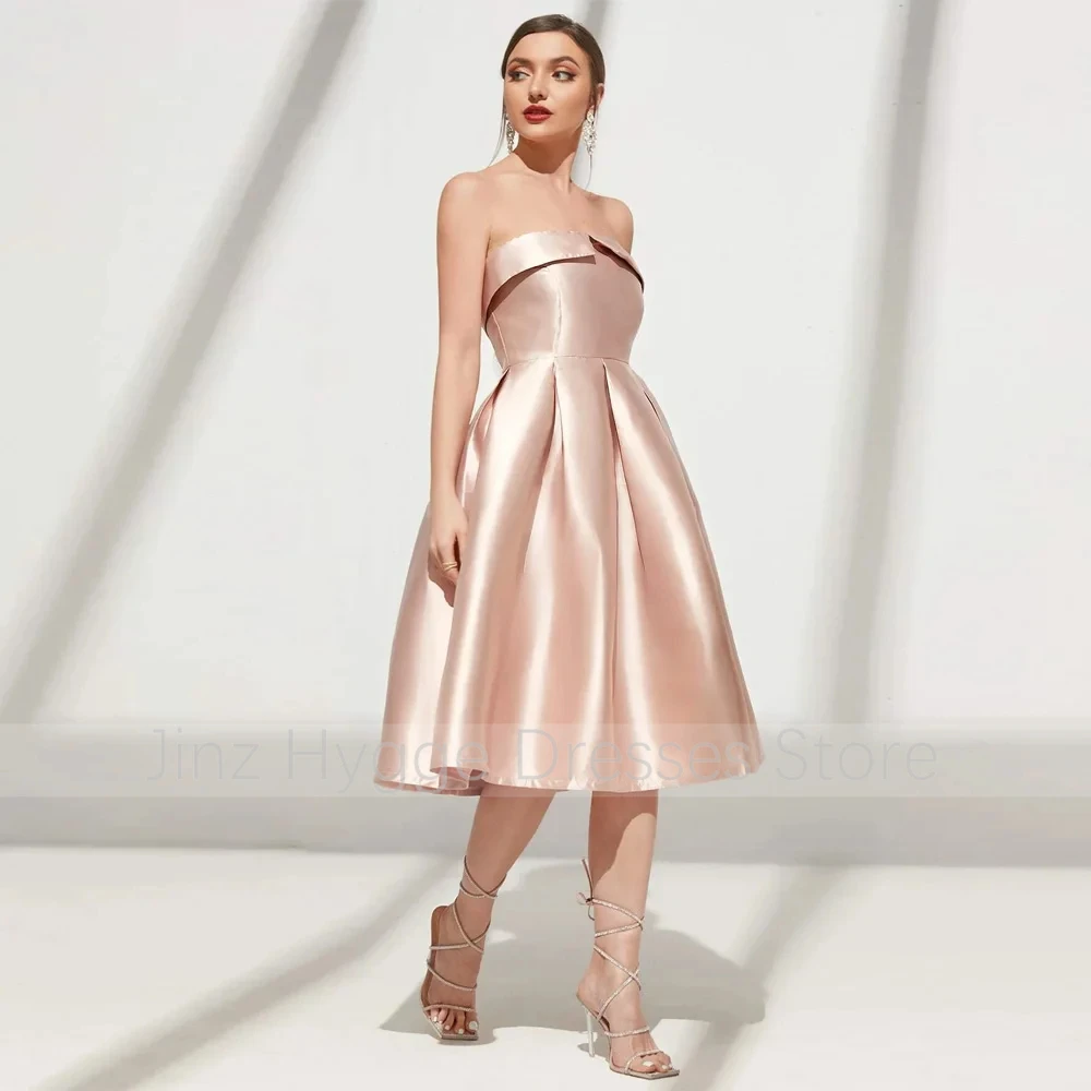 Satin Party Dress for Wedding Champagne A Line Strapless Midi Cocktail Dresses for Women Tea Length Sleeveless Short Prom Gowns