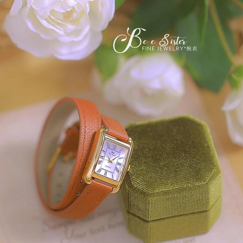 ساعة كوارتز نسائية مربعة سوداء من الجلد الطبيعي ،...