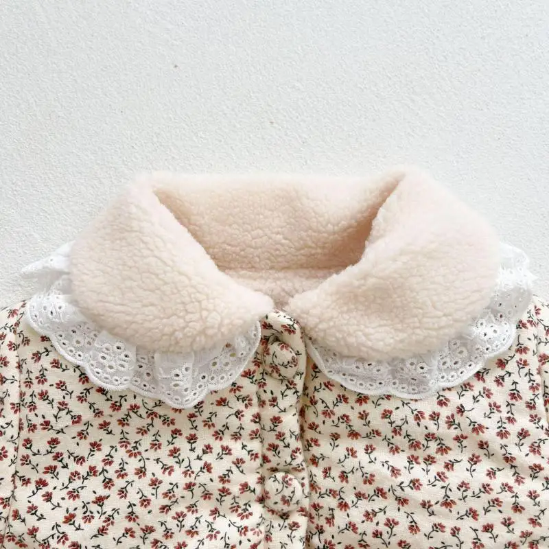 Kids jackets Autumn winter children plus velvet flower print cotton coat