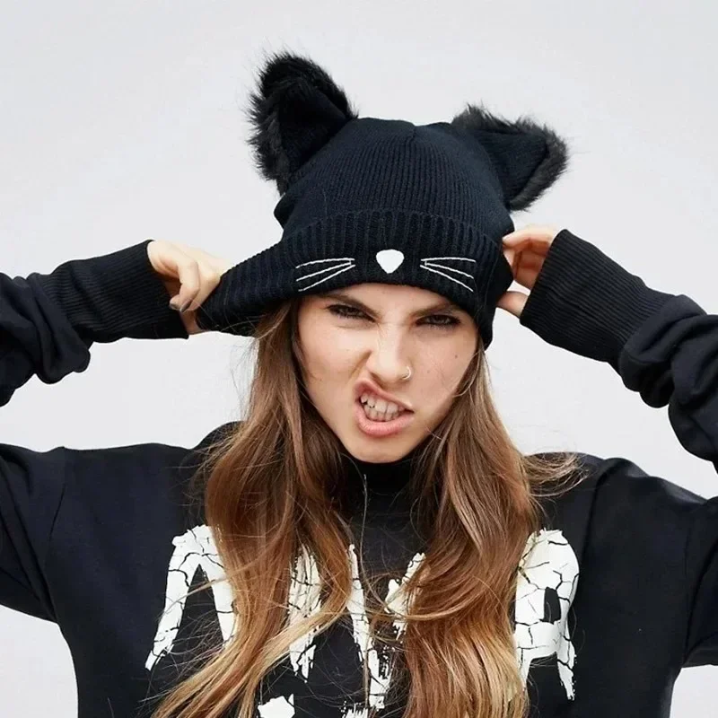 

INS Style Cute Cat Embroidery Wool Hat Casual Furry Cat's Ears Steamed Cat-ear Shaped Bread Knitting Pullover Hat