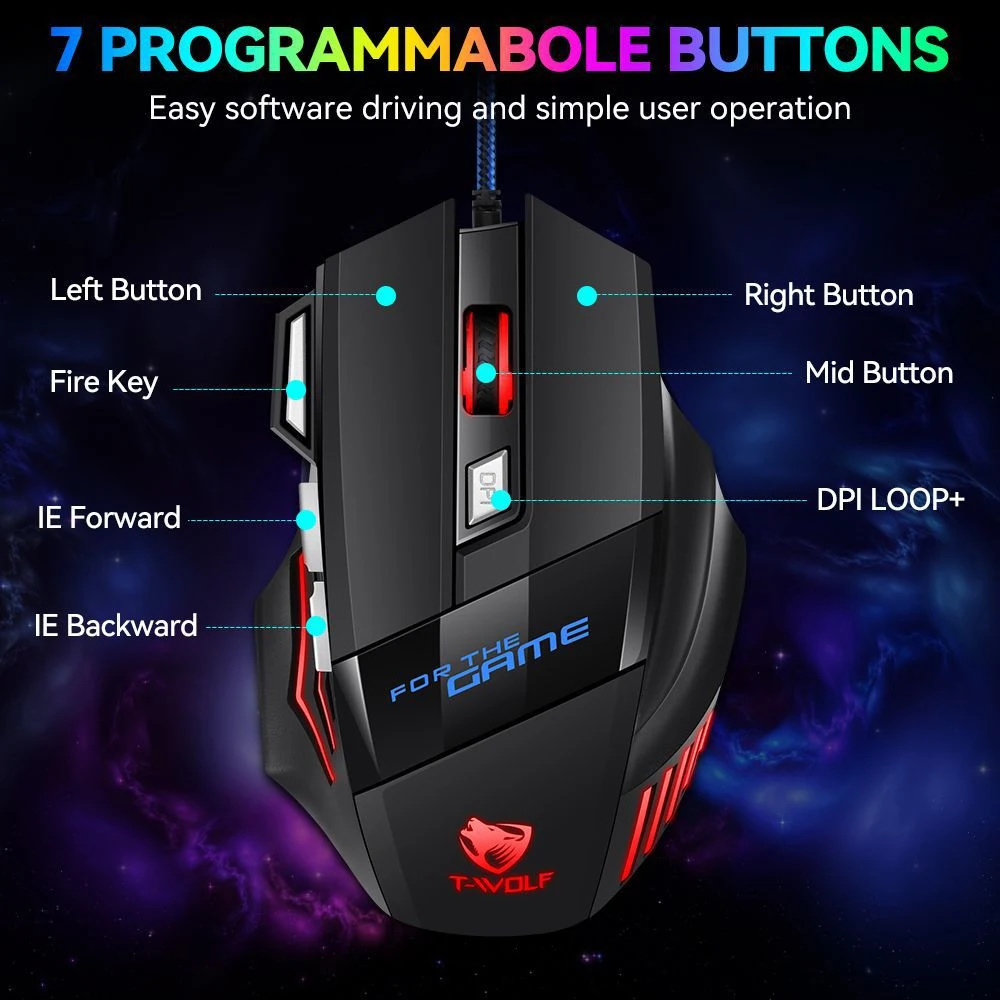 KEBIDUMEI 7 버튼 유선 게이밍 마우스 RGB 백라이트 마우스 인체공학적 USB 마우스 2400 DPI 3 레벨 DPI PC 노트북 Windows Mac OS용 7 Buttons Wired Gaming