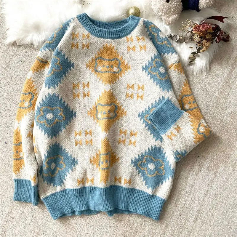 

Japanese pullover sweater soft milk retro bear loose sweater coat women autumn and winter o neck casual sweater female tops