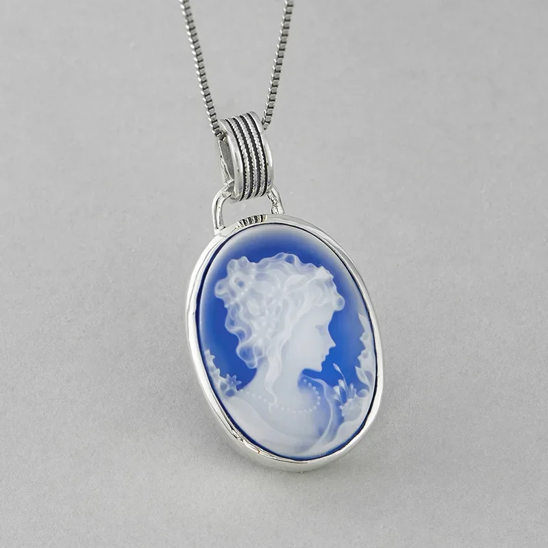 S925 sterling silver charms pendants for women men new fashion oval blue agate GIRL'S head sculpture jewelry free shipping